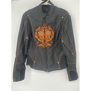 I-K Textiles Motorcycle Biker Jacket Women's 2XL Black/orangeFloral Embroidery